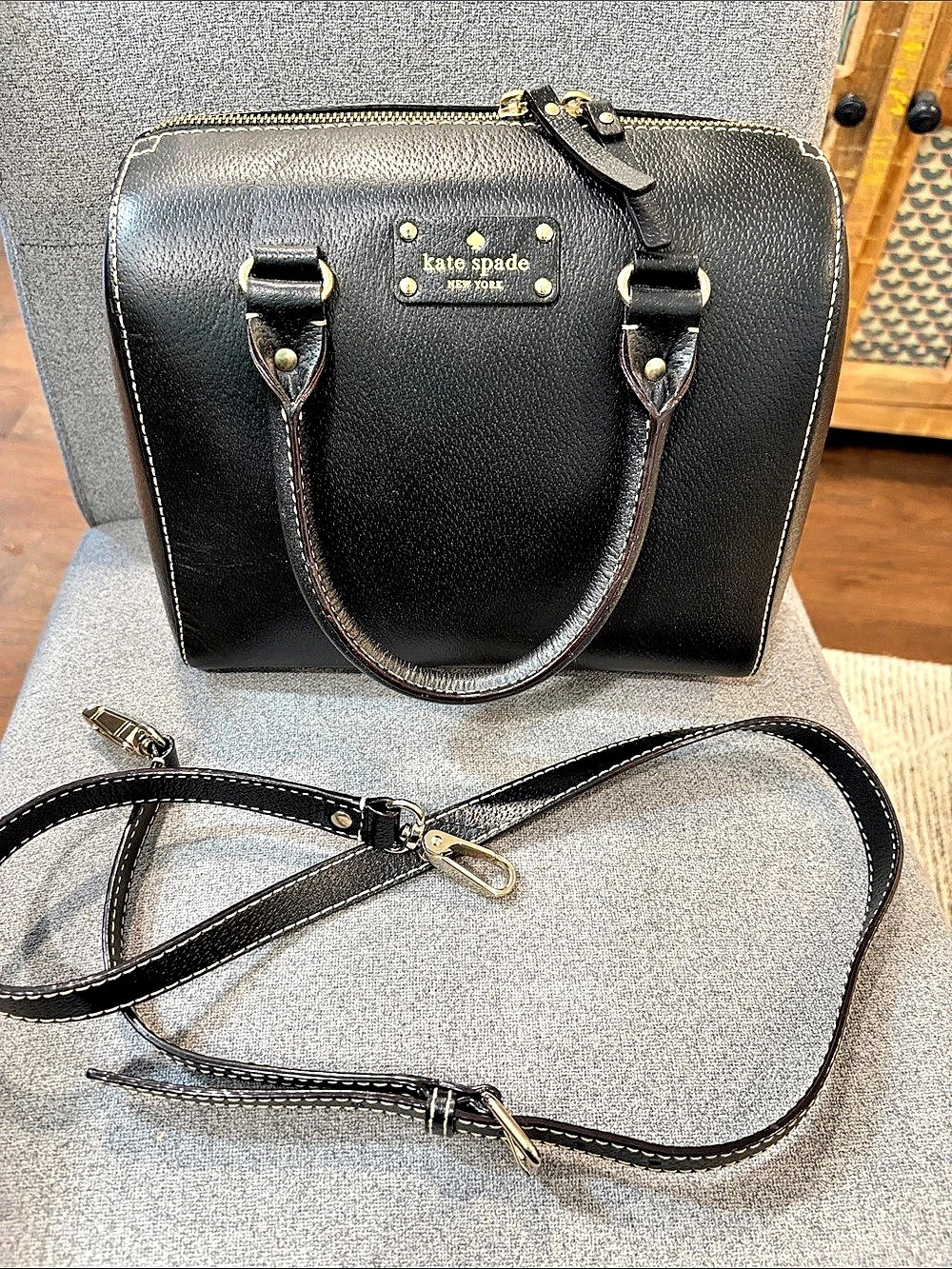 kate spade Alyssa Black Satchel vintage find polka dot interior